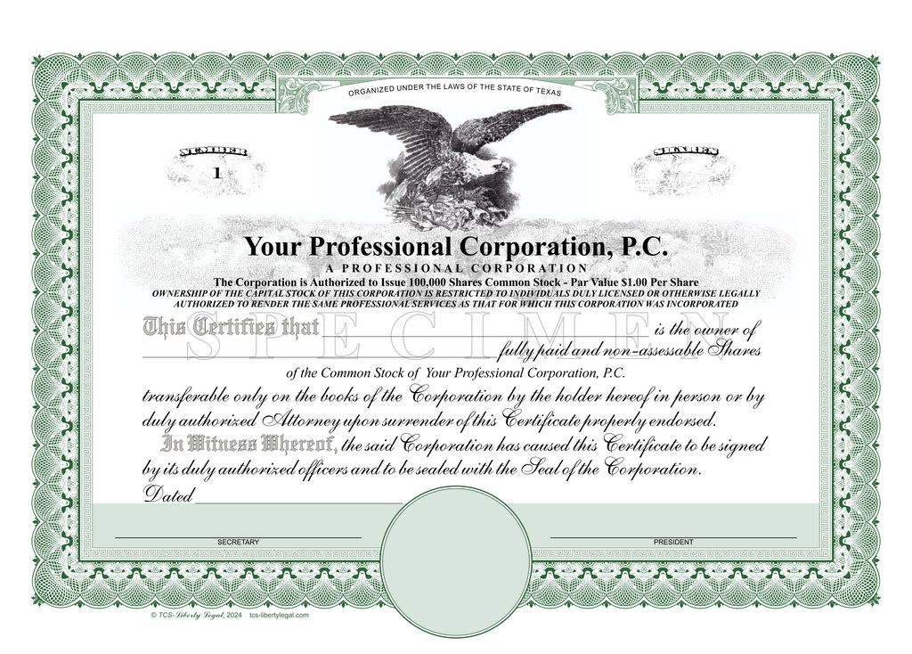 Professional Corporation Stock Certificates