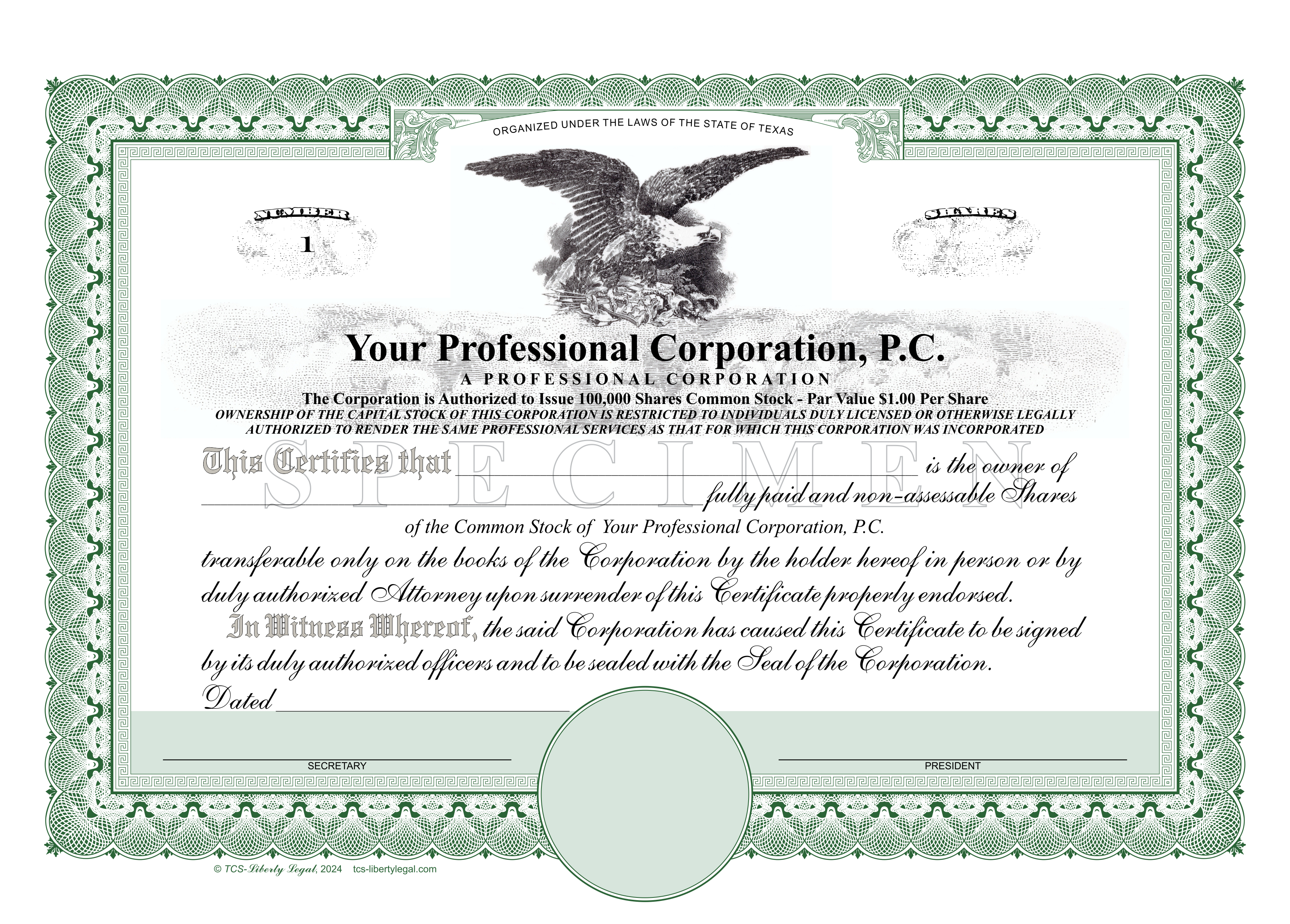 Professional Corporation Stock Certificates