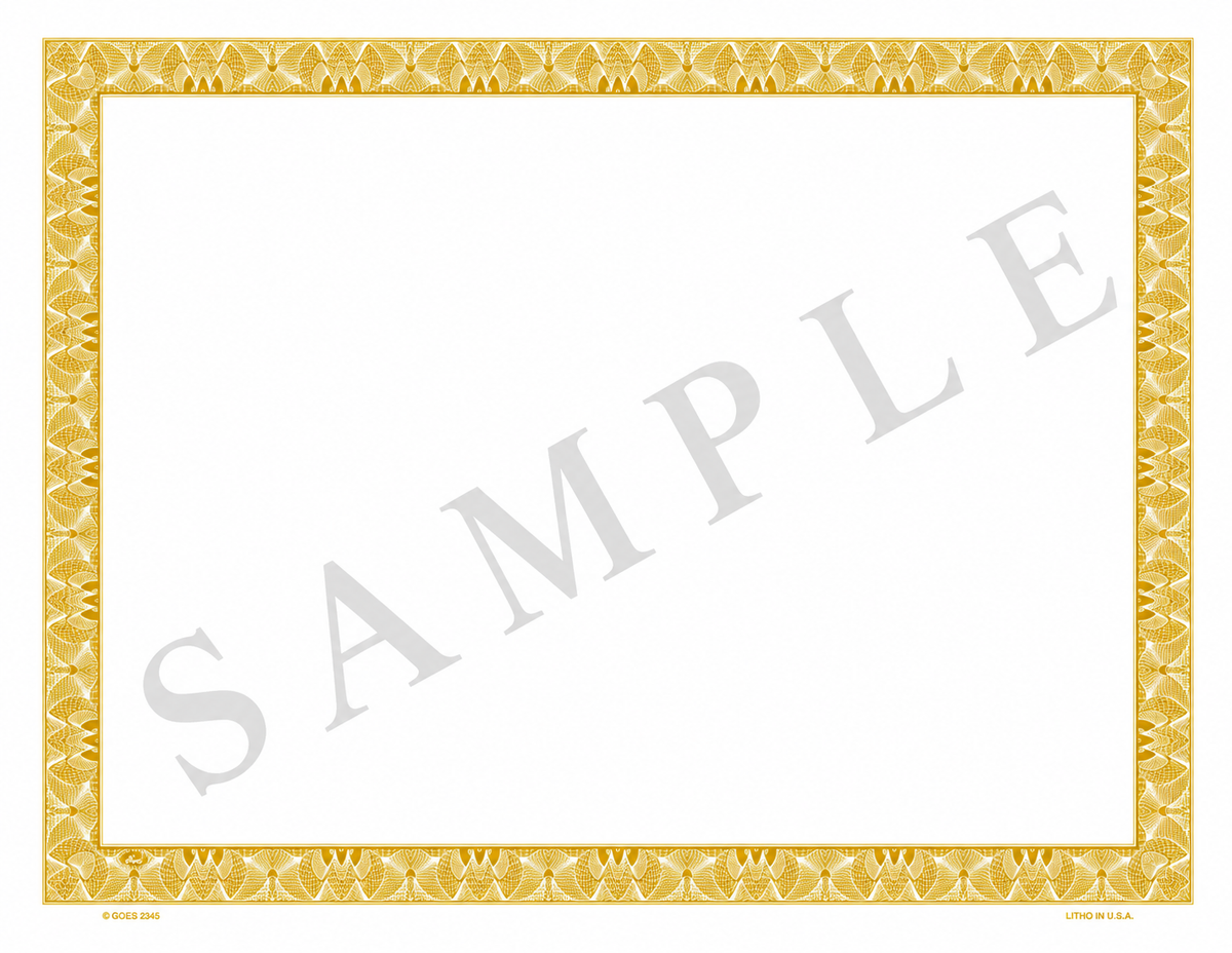 GOES 2345 Certificates with Side Stub, Gold Border “Diamond Series” Blank, Loose, Pack of 100