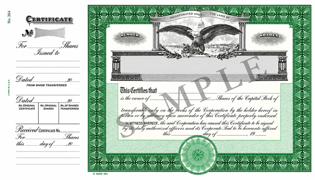 GOES 364 Certificates with Side Stub – Capital Stock, Loose with Gray Backer, Pack of 100