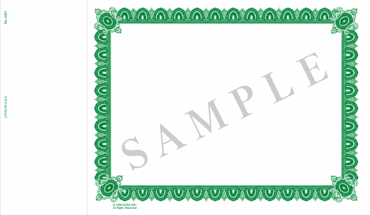 GOES 4351 Certificates with Side Stub – Blank, Loose with Green Border,  Pack of 100