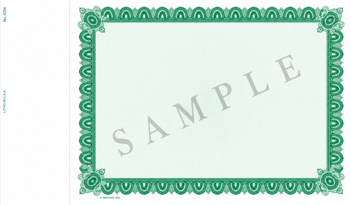 GOES 4354 Certificates with Side Stub – Blank, Loose with Green Border and Light Green Inner Tint,  Pack of 100