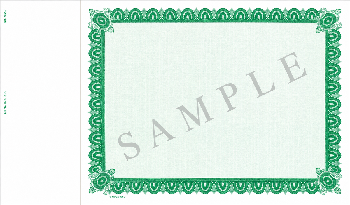GOES 4359 Blank Certificates – Green Border, Light Green Inner Tint & Green Backer, Loose with Side Stub, Pack of 100