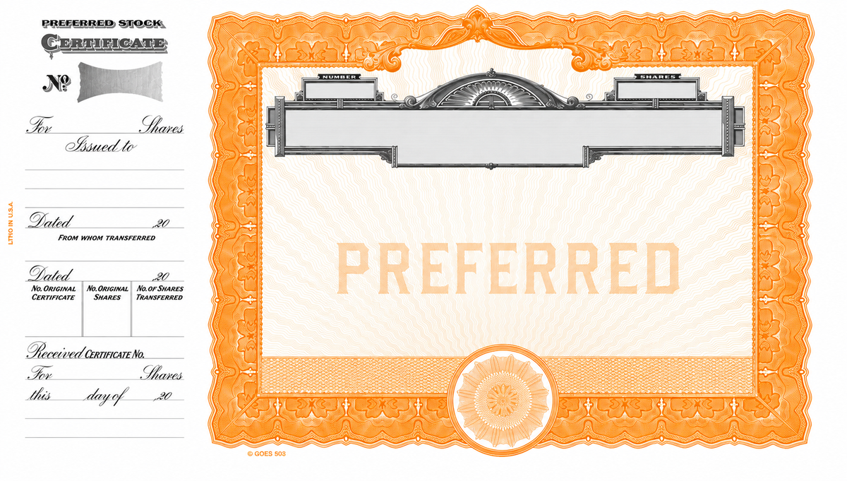 GOES 503 Preferred Stock Certificates – Blank, Loose with Side Stub & Orange Backer, Pack of 100