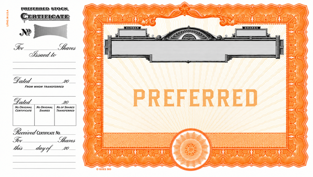 GOES 503 Preferred Stock Certificates – Blank, Loose with Side Stub & Orange Backer, Pack of 100