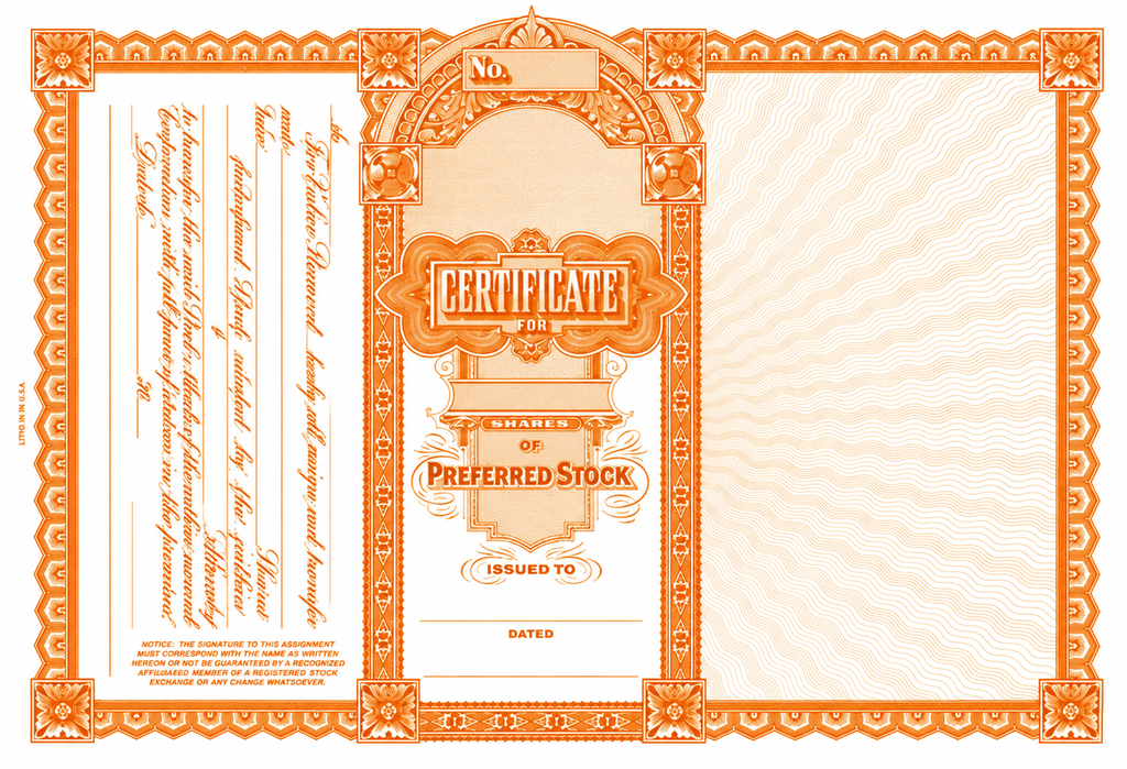 GOES 503 Preferred Stock Certificates – Blank, Loose with Side Stub & Orange Backer, Pack of 100