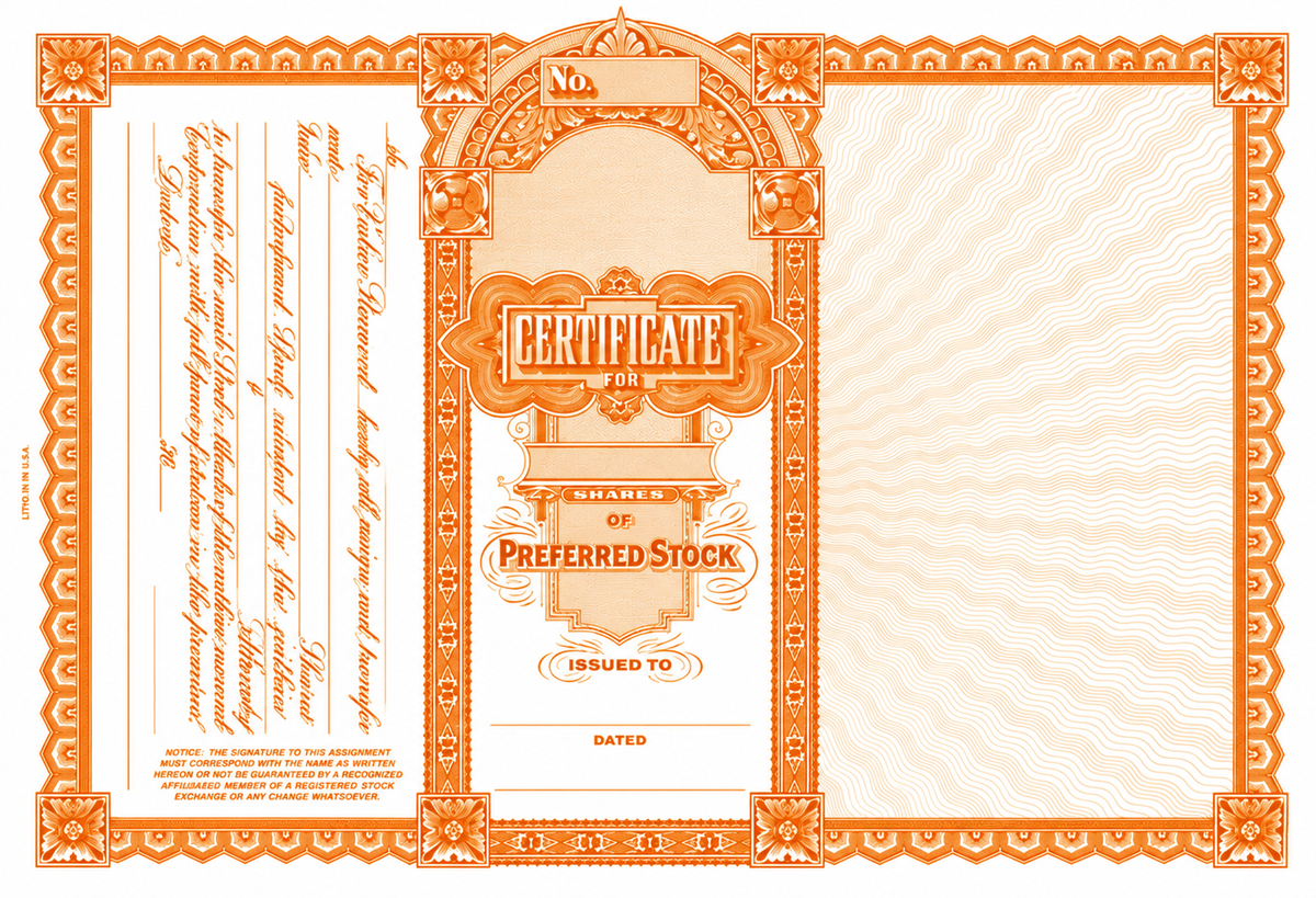 GOES 503 Preferred Stock Certificates – Blank, Loose with Side Stub & Orange Backer, Pack of 100