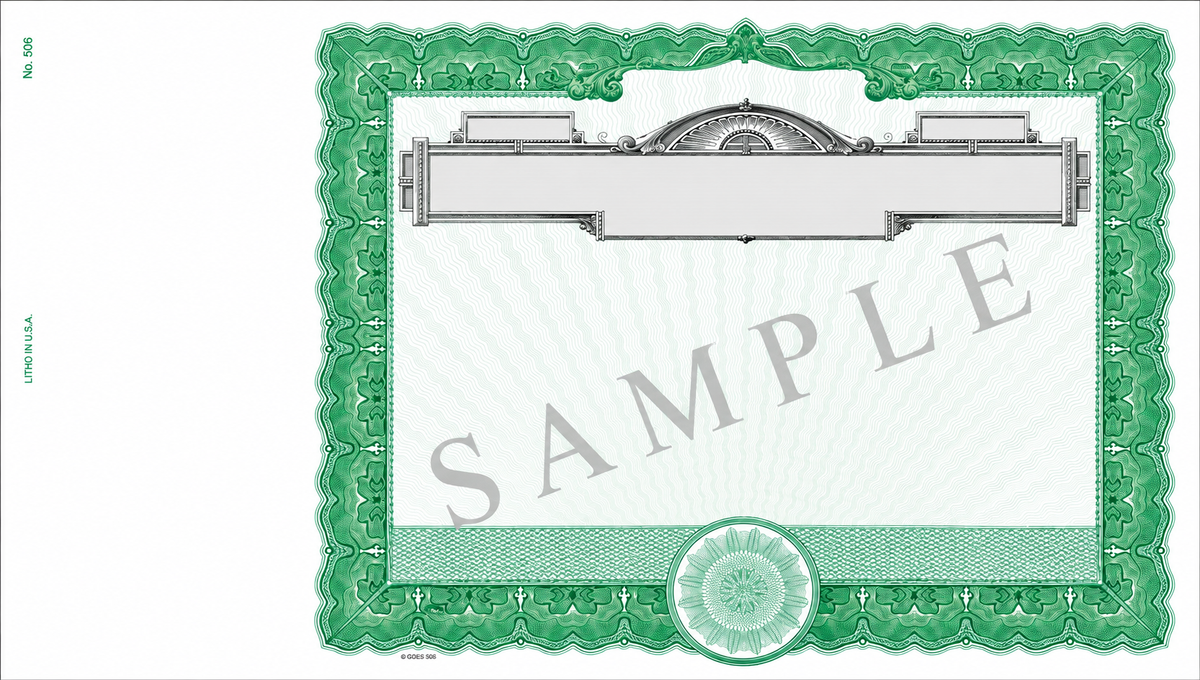 GOES 506 Blank Certificates – Loose with Side Stub & Green Backer, Pack of 100