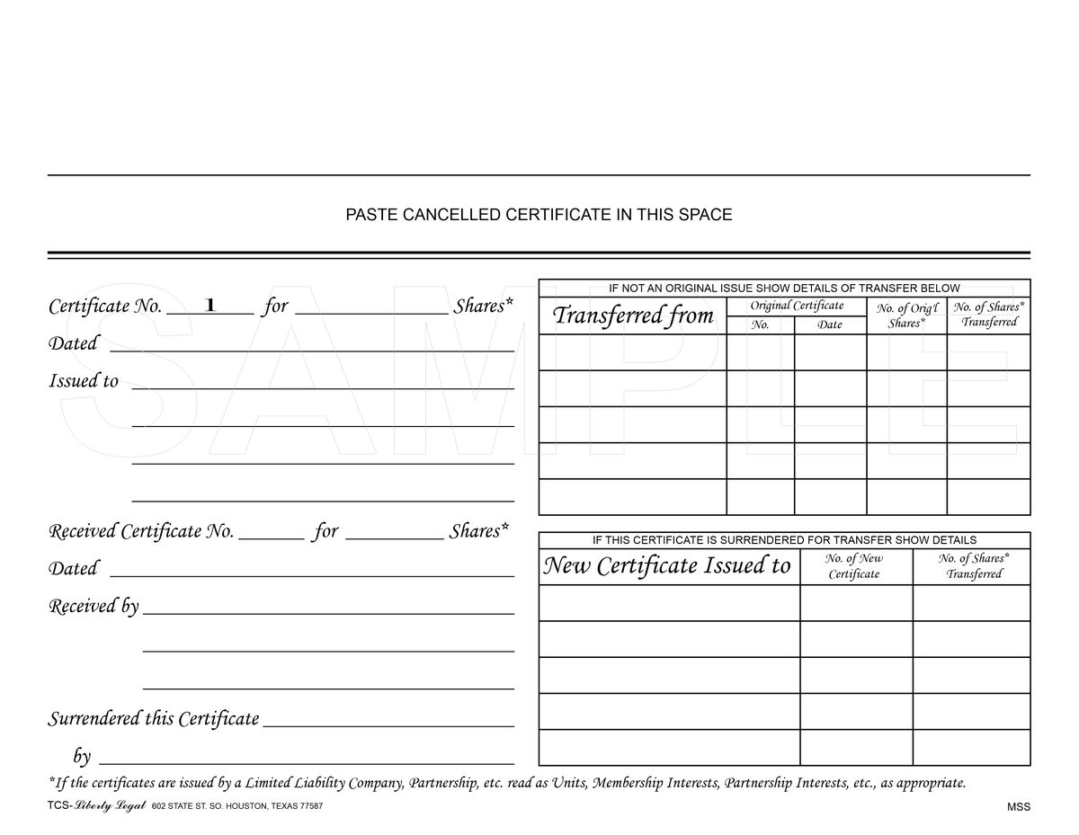 20 Blank Pre-Printed Standard Legend Certificates