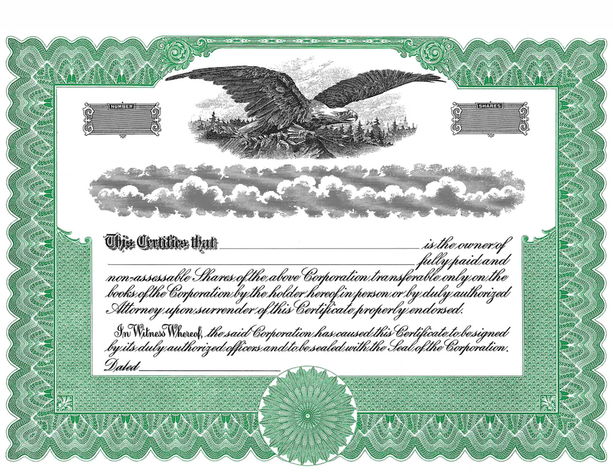 BL Green Corporate Stock Certificates with Eagle – Standard Legend (Pack of 20)